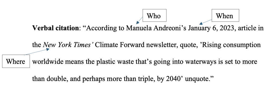 An example of a verbal citation with who, when, and where labeled