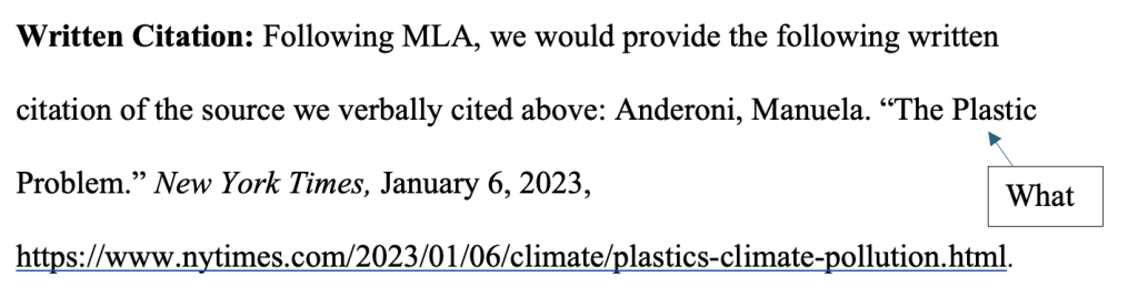 Example of a written citation with the "what" labeled.