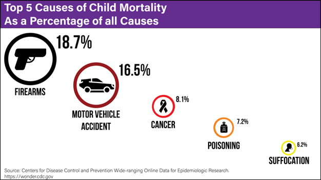 Slide titled, "Top 5 Causes of Child Mortality as a Percentage of all Causes." Below that are five causes, each with an icon and a percentage. The icons are at different heights (high to low) and are different sizes (large to small) to correspond with their percentages. Each is a different color.