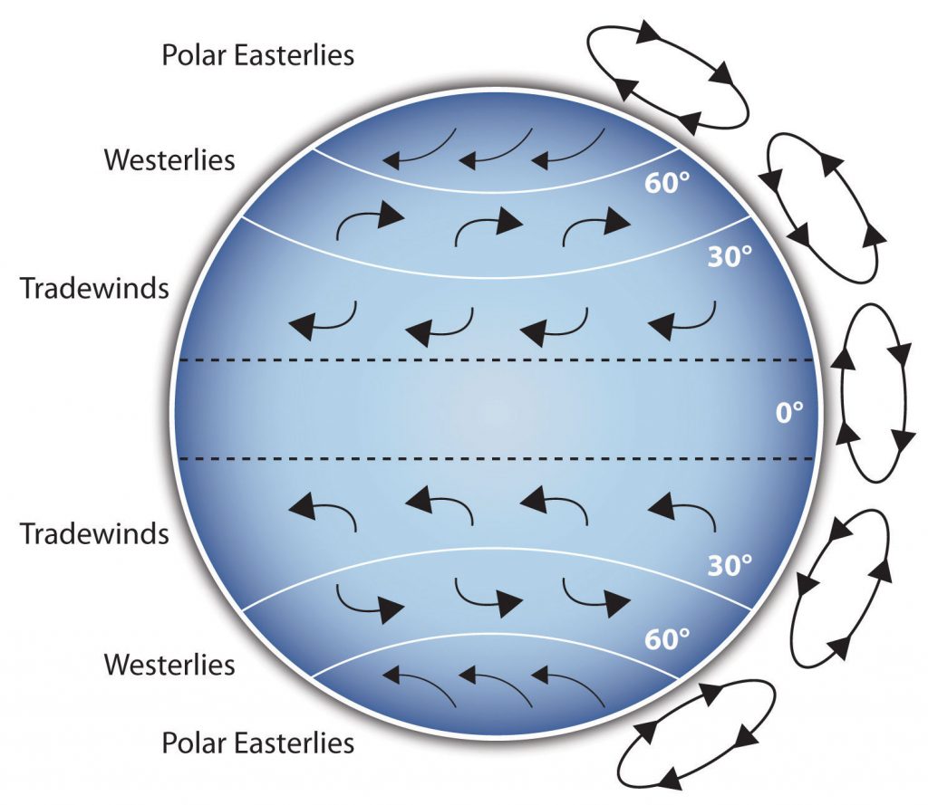 Image illustrating Coriolis effect in which different global wind patterns are demonstrated.