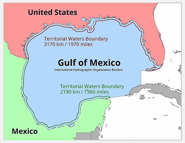 Map of the Gulf of Mexico and surrounding countries. The Gulf of Mexico is delineated according to the boundaries specificed by the International Hydrographic Organization. In addition, the territorial waters of the United States and Mexico are outlined. The length of the marine boundaries of these territorial waters within the Gulf of Mexico are measured and labeled.